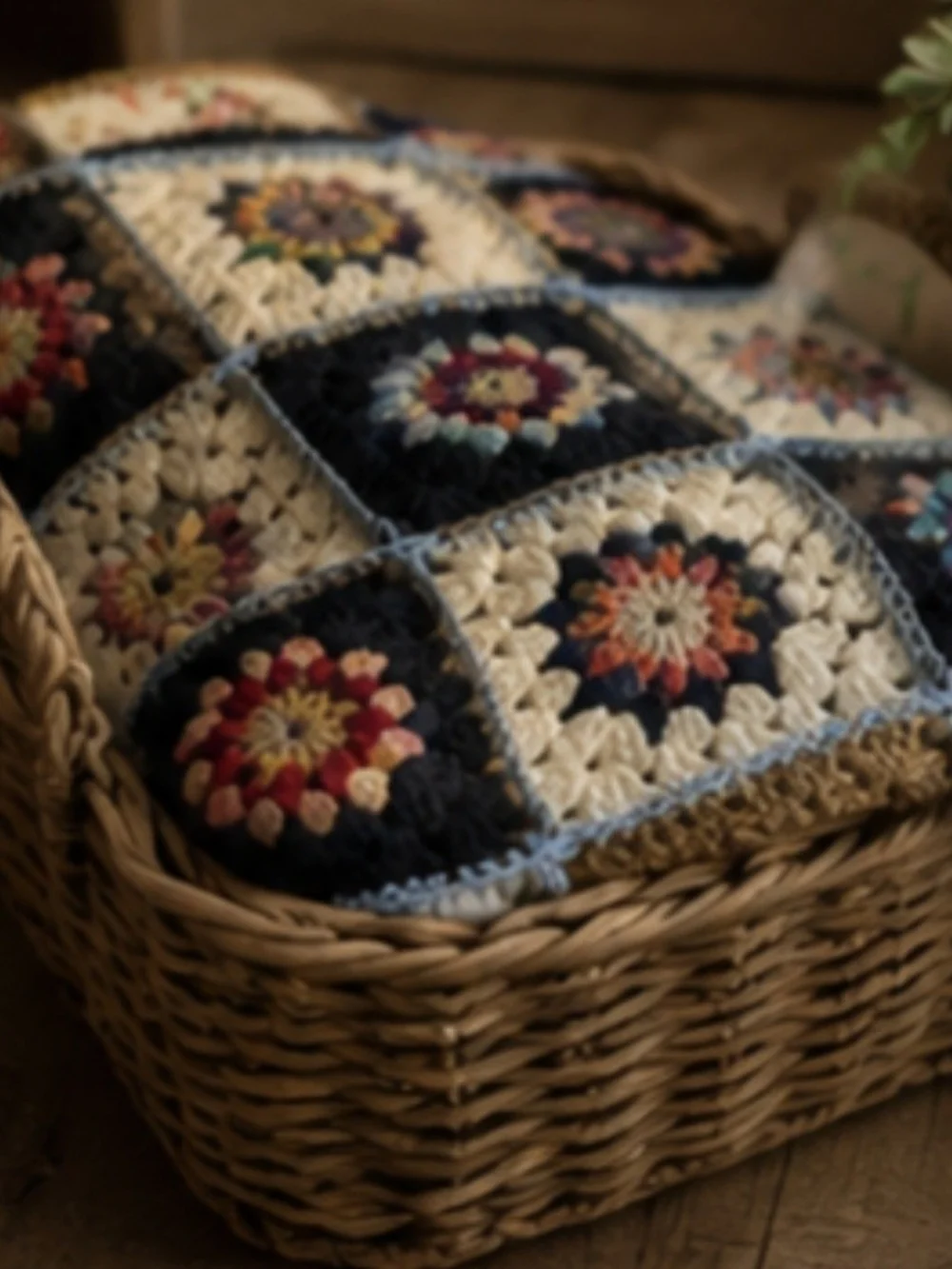 Handmade Crochet Granny Square Throw - Navy, Cream & Multicolor
